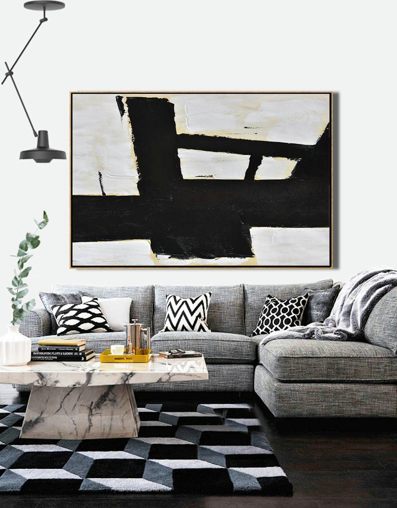 Acrylic Painting Wall Art,Horizontal Palette Knife Minimal Canvas Art Painting Black White Beige - Big Painting